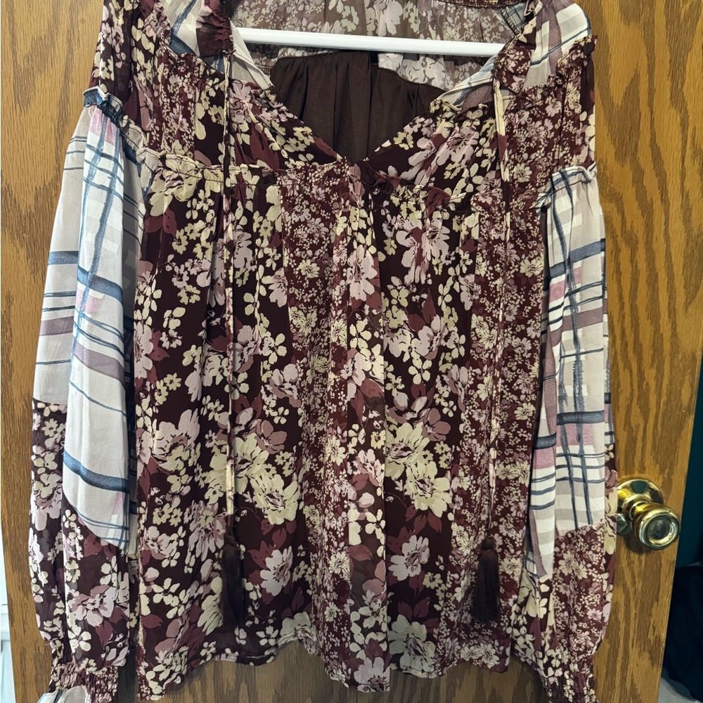 Buckle Burgundy Floral and Plaid Blouse